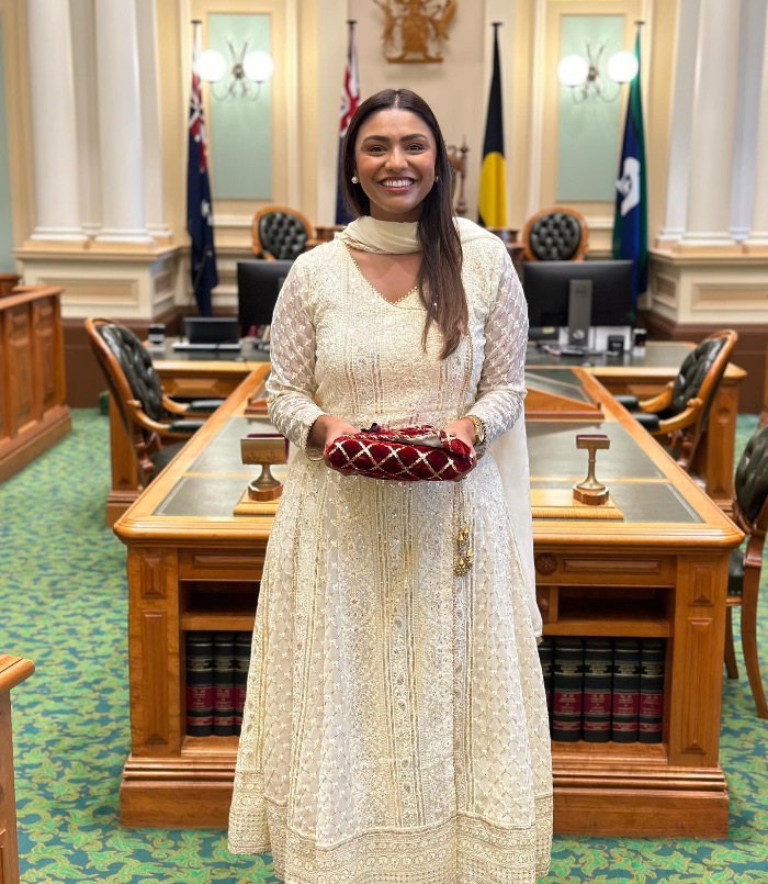 Woman MP in Pakistani traditional wear salwar and Kurta in Queensland Parliament