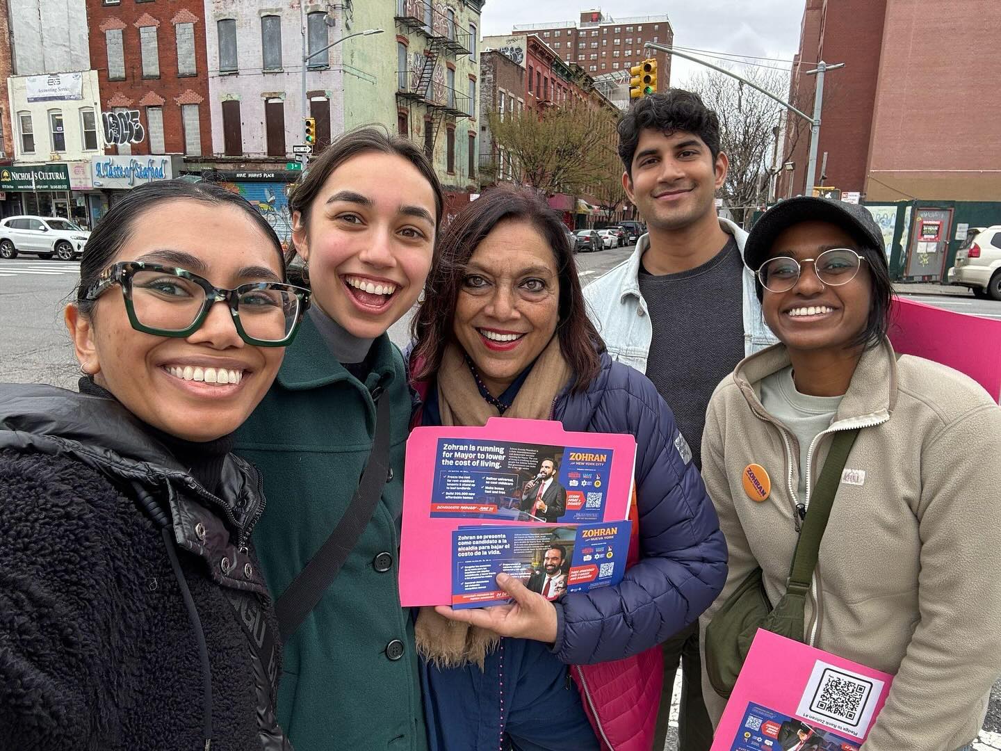 Filmmaker Mira Nair (centre) campaigns for her son New York City mayoral candidate Zohran Mamdani. Photo: Facebook.